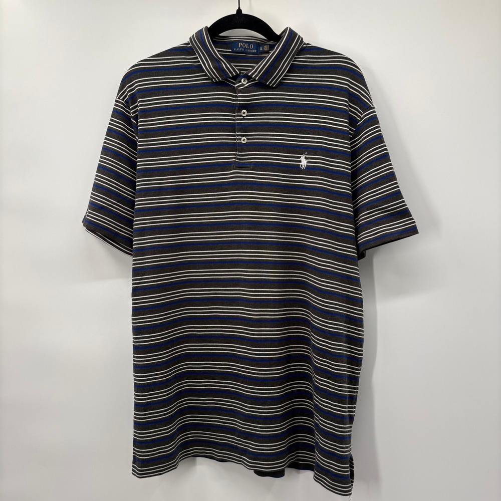 Polo Ralph Lauren Mens Size XL Striped Short Sleeve Polo Shirt Grey Blue White